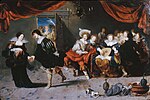 A party of fashionably dressed young people is interrupted by intruders with masks and a lighted torch suggesting that these revels take place during Carnival. Well-bred young ladies did not join parties in public inns; these smiling women are prostitutes