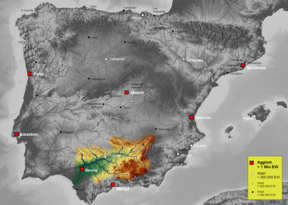 Kaart van die Guadalquivir-bekken op die Iberiese Skiereiland.