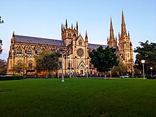 Australia hosts a diversity of religions. St Mary's Cathedral in Sydney belongs to the Roman Catholic Church, Australia's largest religious denomination. St Mary's Cathedral as viewed from Hyde Park, Sydney.jpg