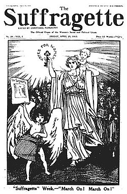 Cover of WSPU's The Suffragette, April 25, 1913 (after Delacroix's Liberty Leading the People, 1830) Suffragette1913.jpg