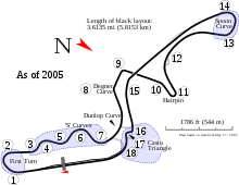 The Suzuka circuit has eighteen corners and runs in a figure-of-eight configuration, with a crossover bridge. The pit-lane entrance is located on the inside of the seventeenth corner and the pit-lane exit is located on the inside of the approach to the first turn.