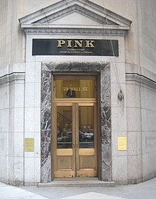 The 59 Wall Street banking entrance in 2008, now a retail shop Thos Pink Wall St jeh.JPG
