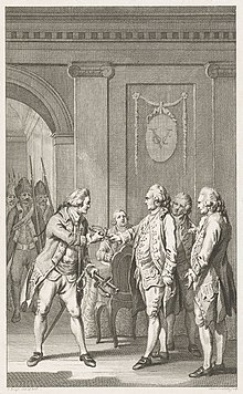 A black and white etching depicting three men surrendering their swords to another, while armed guards watch.