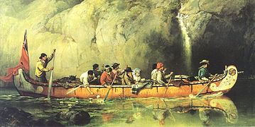 Canoe Manned by Voyageurs Passing a Waterfall (Ontario), 1869.