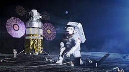 An artist's rendition of an Artemis astronaut wearing the xEMU spacesuit and xPLS life support backpack during an EVA on the Moon Xemu-eva-Artemis.jpg