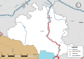 Carte du réseau routier national (autoroutes et routes nationales) dans le département de l'Ariège