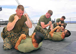 130528-N-QD718-085 PHILIPPINE SEA (May 28, 2013)- Marines assigned to Fleet Anti-terrorism Security Team Pacific (FASTPAC), perform mixed martial arts training techniques aboard U.S. 7th Fleet 130528-N-QD718-085