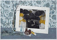 Zátiší s grafikou a kedlubnou, 19barevný linoryt tištěný přes lept Jaroslava Róny „Ptáčátko“, 65 × 96 cm, 1992