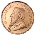 Dél-afrikai 1 unciás arany Krugerrand érme előoldala, Paul Kruger portréjával.