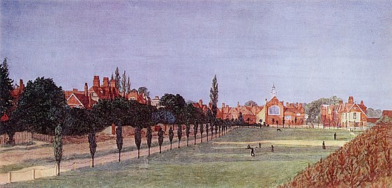Painting, looking east, of Acton Green common to St Michael's and The Tabard Inn by Frederick Hamilton Jackson, 1882. The Victorian era Bedford Park development is on the left, the London Underground railway embankment on the right.
