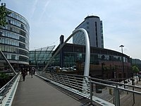 Manchester Piccadilly Station approach with footbridge and towers