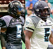 Duke City Gladiators players in 2021 home and away uniform colors.