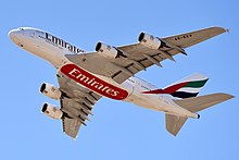 Emirates is the largest A380 operator, with the final two of 123 ordered units delivered in December 2021 as the last A380 deliveries overall. Emirates Airbus A380 A6-EEV Perth 2019 (01).jpg