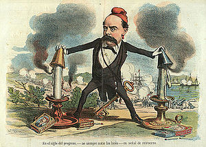 Caricature of Castelar in "The Political Skein", by Tomas Padro Pedret, November 1873. En el siglo del progreso no siempre matar las luces es senal de retroceso.jpg