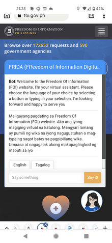 A virtual assistant chatbot FRIDA (FReedom of Information Digital Assistant) welcome interface (May 2023).png