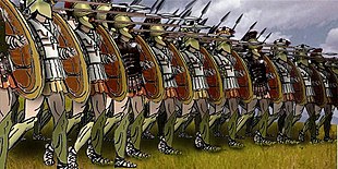 A modern illustration of the Greek hoplites marching in a phalanx formation Greek Phalanx.jpg