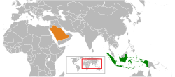 Peta memperlihatkan lokasiIndonesia and Saudi Arabia