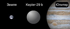 Сравнительные размеры Земли, Kepler-29 b и Юпитера.