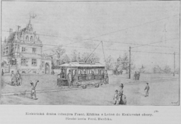 Vzhled projektované Křižíkovy tramvaje na Letné, otištěný v časopise Zlatá Praha v červenci 1890 (kreslil Ferdinand Herčík)