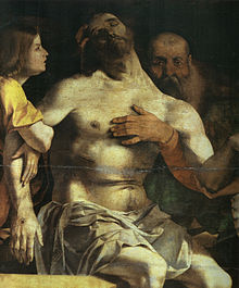 Image d'une peinture représentant le corps du Christ entre une femme (à gauche) et un homme (à droite) ; une main est posée sur le torse de Jésus.