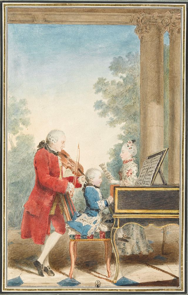 La familia Mozart durante su viaje: Leopold interpretando el violín; Wolfgang Amadeus al clavecín y Nannerl, cantando. Acuarela de Louis Carrogis Carmontelle hacia 1763.