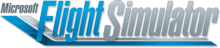 Logo de Microsoft Flight Simulator. « Microsoft » est écrit en noir en haut à gauche ; « Flight SImulator » au centre en bleu et gris ; deux lignes (une grise et une bleue) viennent souligner le texte.