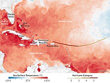 Sea surface temperatures in Hurricane Irma's path from September 3-6. NASA Hot water ahead for Hurricane Irma.jpg