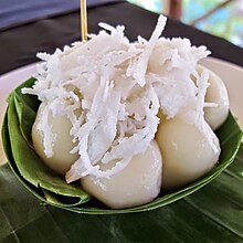Num Plae Ai (phlaeqaay) Khmer sticky rice balls with coconut topping Num Plae Ai.jpg