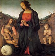 La llamada Madonna del sacco,[5]​ de Perugino, ca. 1495-1500. Hay otra versión del tema por el mismo pintor.[6]​