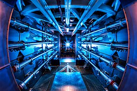 The preamplifiers of the National Ignition Facility are the first step in increasing the energy of laser beams as they make their way toward the target chamber. In 2012 NIF achieved a 500 terawatt shot--1,000 times more power than the United States uses at any instant in time. Preamplifier at the National Ignition Facility.jpg