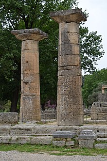 Doric columns of the Temple of Hera Restored ruins of the Temple of Hera, ancient Doric Greek temple at Olympia, Greece (16187895658).jpg