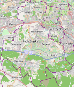 Mapa konturowa Rudy Śląskiej, na dole nieco na lewo znajduje się punkt z opisem „miejsce zdarzenia”