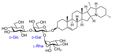 Skeletal formula of solanine, a toxic alkaloid which builds up in potatoes. Solanine.svg