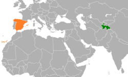 Карта с указанием местоположения Испании и Таджикистана
