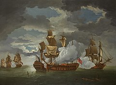 From the left, in the background three sailing warships at sea, one clearly flying a British naval ensign; in the center-right foreground, three sailing warships, two of them firing broadsides with gun smoke starting to cover them up. There was no US flag on the American ship, so the British said John Paul Jones was a pirate.
