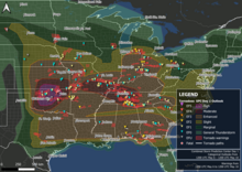 A detailed map of combined day 1 Storm Prediction Center convective outlooks, tornado warnings, and confirmed tornadoes during the May 6–10, 2024 tornado outbreak
