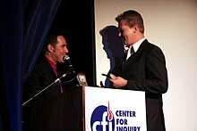 Director of Center for Inquiry West & IIG West, James Underdown presents editor Jimm Gadd with award August 21, 2010. Underdown & Mentalist.jpg