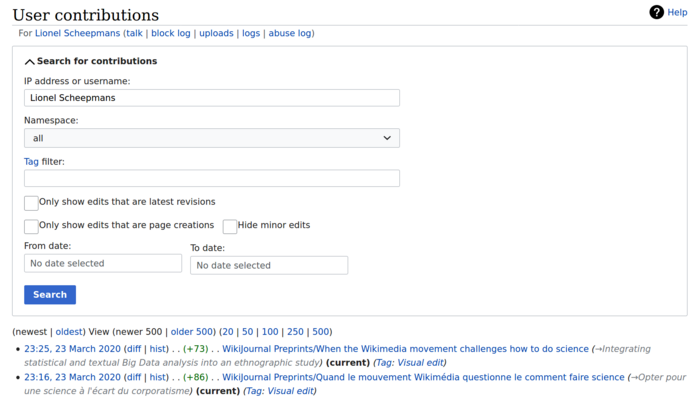 Screenshot of the page displaying the history of a user's contributions to the Wikiversité francophone project.