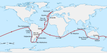 Carte du voyage du Beagle autour du monde.