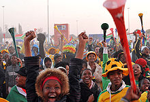 Supporters watching the 2010 FIFA World Cup in South Africa, with vuvuzelas Watching South Africa & Mexico match at World Cup 2010-06-11 in Soweto 7.jpg