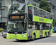 In some cities, such as in Singapore, double-decker buses are used, which have more seating capacity than a single-decker bus of equivalent length. (SGP-Singapore) Tower Transit SG6285T 97 2024-04-19.jpg