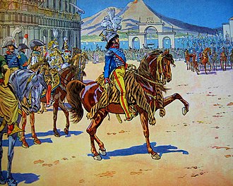 Un roi à cheval, vêtu d'un uniforme militaire coloré, de profil, avec son état-major derrière lui, la mer, avec au fond la mer et un volcan.