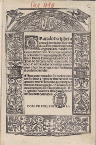 Portekizli Pedro Nunes (bu eserde Pero Nunez yazılmıştır) tarafından yazılan Küre hakkında incelemeleri içeren kitabın kapağı. 1537'de Lizbon'da yayınlandı.