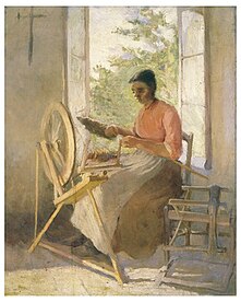 Oil painting of an intensely focused woman sitting in front of a spinning wheel in front of an open window. Sunlight comes from the window and left side of the scene.