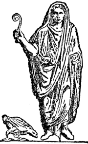 An augur with sacred chicken; he holds a lituus, the curved wand often used as a symbol of augury on Roman coins Augur, Nordisk familjebok.png