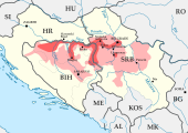 Hauptschadensgebiete in Bosnien-Herzegowina und Serbien ﻿… schwer betroffen ﻿… minder schwer betroffen (Katastrophenalarm in Bosnien)[18][Ü 3]