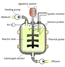 General structure of a continuous stirred-tank type bioreactor Bioreactor principle.svg