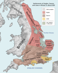 Southern Great Britain in AD 600 after the Anglo-Saxon settlement, showing England's division into multiple petty kingdoms. Britain peoples circa 600.svg