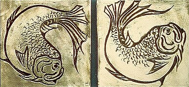 Two bronze tiles with reliefs of fish