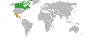 Mapa indicando localização do Canadá e do México.